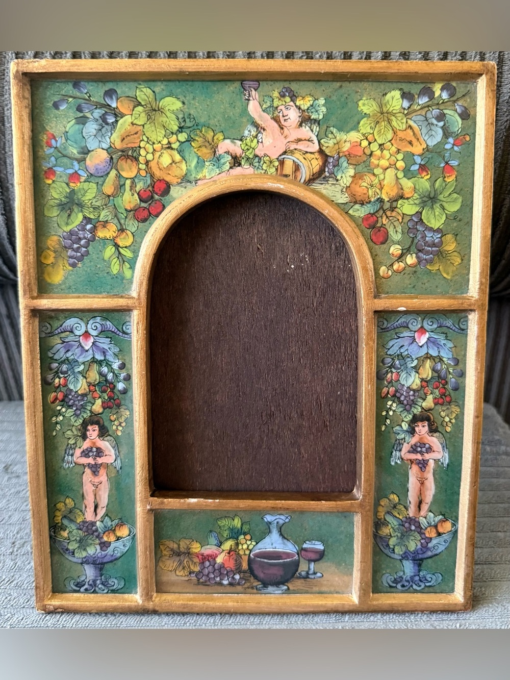 VTG Photo Picture Frame Reverse Painted Fruit & Cherub Angels Glass Garden